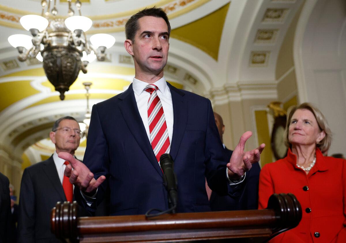 Sen. Tom Cotton (R-Ark.) speaks at the U.S. Capitol on Nov. 13, 2024. (Kevin Dietsch/Getty Images)