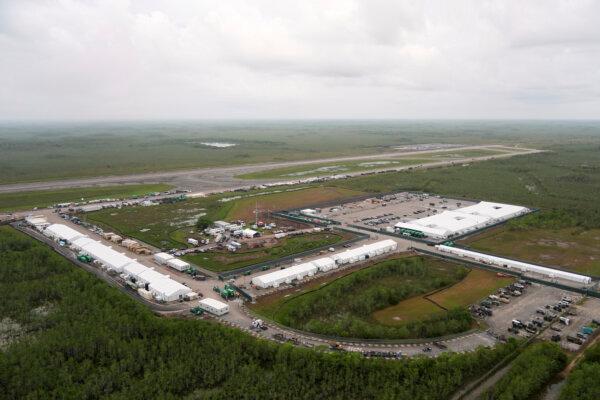 Work progresses on a new detention facility dubbed "Alligator Alcatraz," at Dade-Collier Training and Transition facility in the Florida Everglades in Ochopee, Fla., on July 4, 2025. (Rebecca Blackwell /AP Photo)