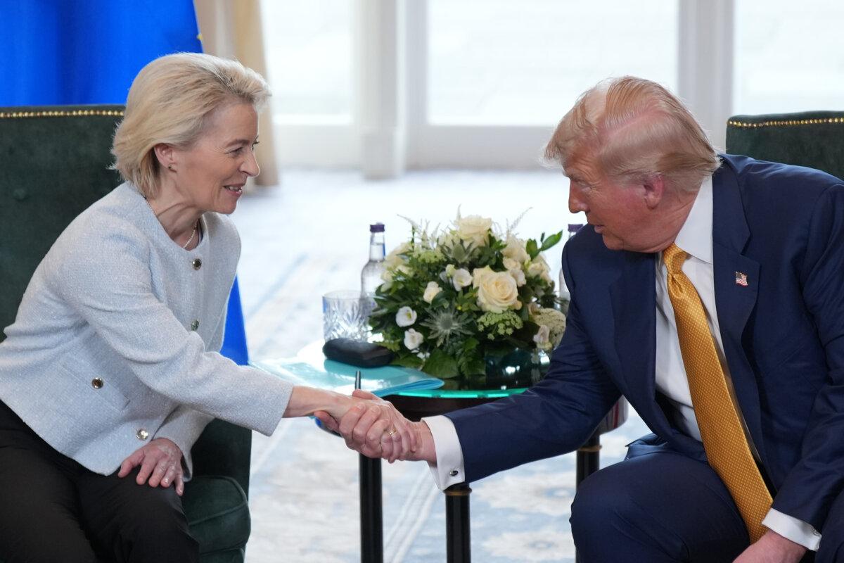 European Commission President Ursula von der Leyen shakes hands with U.S. President Donald Trump during a meeting at Trump Turnberry golf club in Turnberry, Scotland, on July 27, 2025. Trump is visiting his Trump Turnberry golf course and Trump International Golf Links in Aberdeenshire during a brief visit to Scotland from July 25 to 29. (Andrew Harnik/Getty Images)