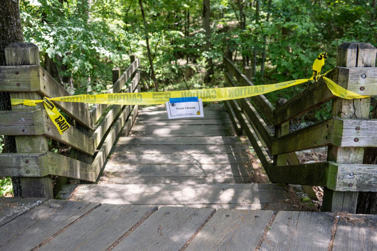 The trail head to the Devil's Den trail at Devils Den State Park remains closed in West Fork, Ark., on July 28, 2025. (Michael Woods/AP Photo)