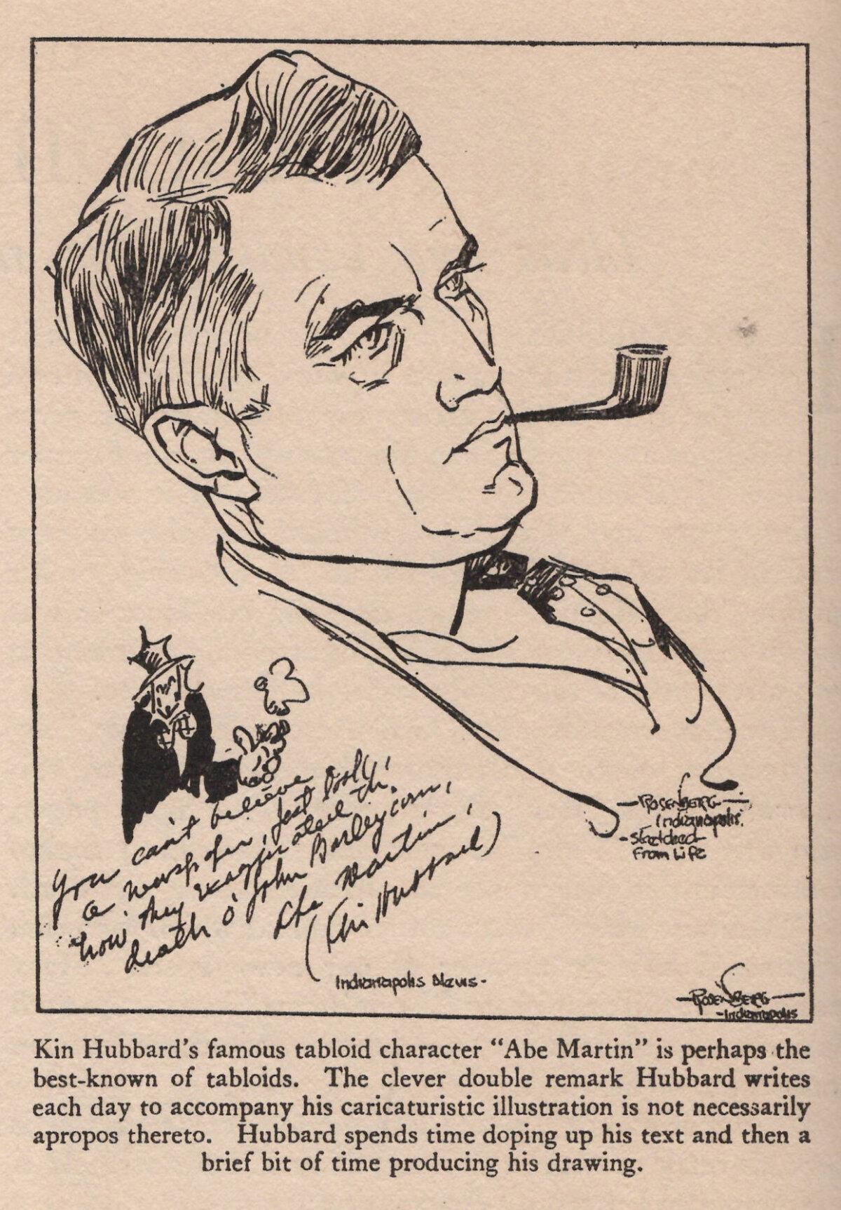 Signed drawing of Kin Hubbard by illustrator Manuel Rosenberg, 1926. (Public Domain)