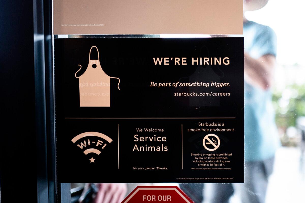 A hiring ad displayed at a coffee shop in Kerrville, Texas, on July 9, 2025. (Madalina Kilroy/The Epoch Times)