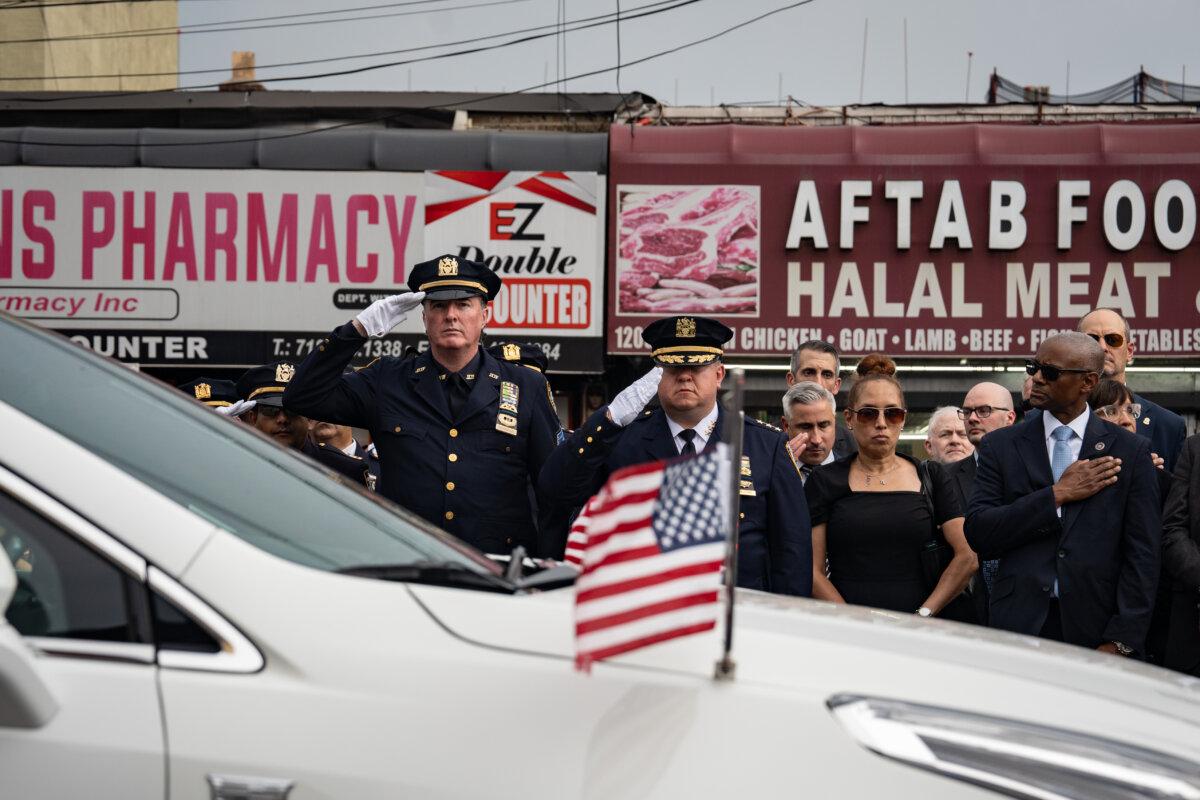Police officers attend the funeral services of slain NYPD officer Didarul Islam in the Bronx borough of New York City on July 31, 2025. (Samira Bouaou/The Epoch Times)