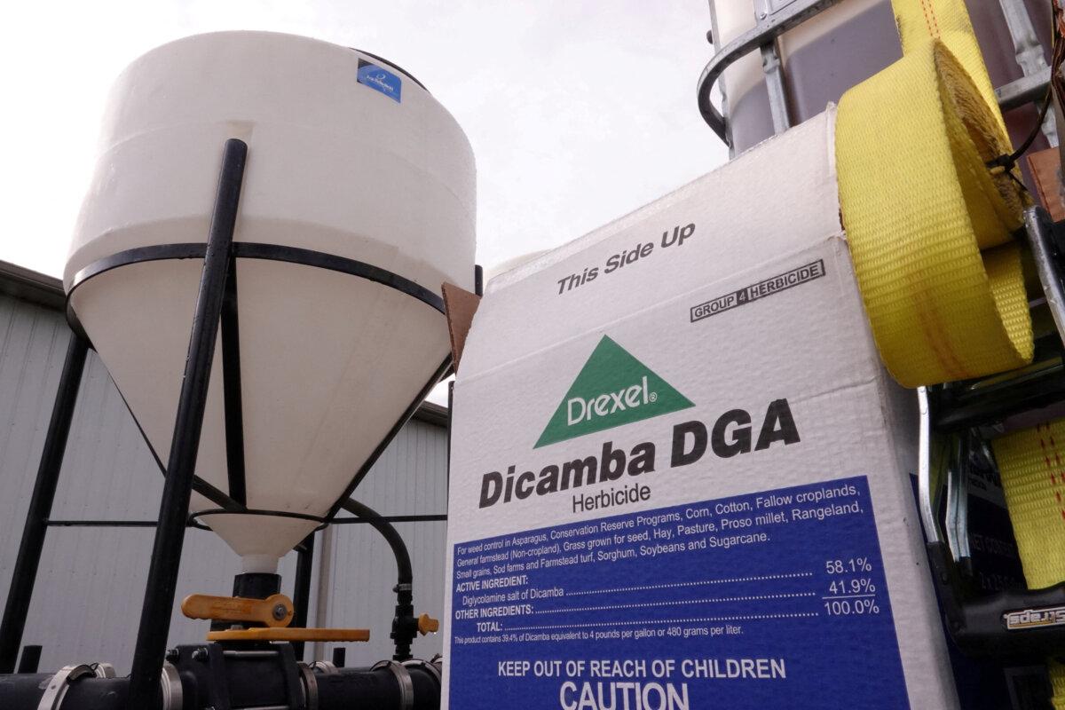 A box of Drexel herbicide Dicamba DGA lies on a truck bed at a farm in Ridgely, Tennessee, on May 1, 2019. (Reuters/Karen Pulfer Focht/File Photo)