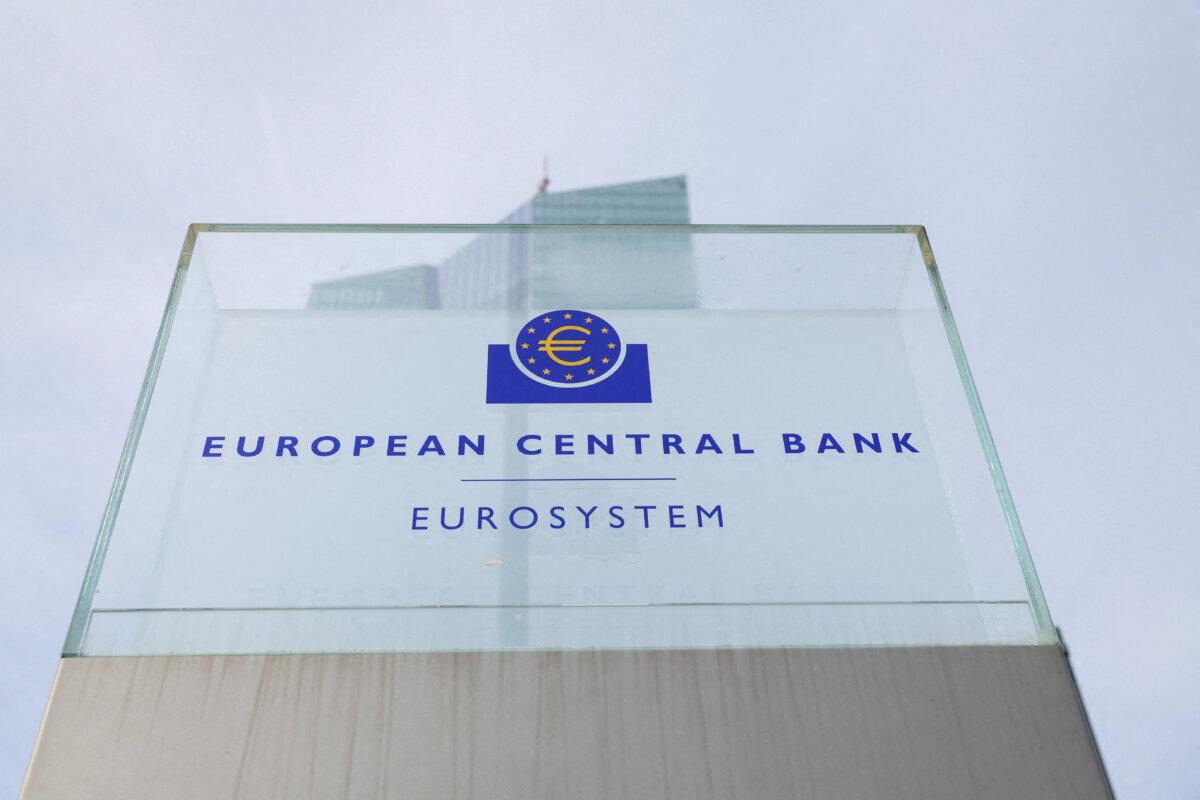 The logo of the European Central Bank outside its headquarters in Frankfurt, Germany, on March 16, 2023. (Heiko Becker/Reuters)
