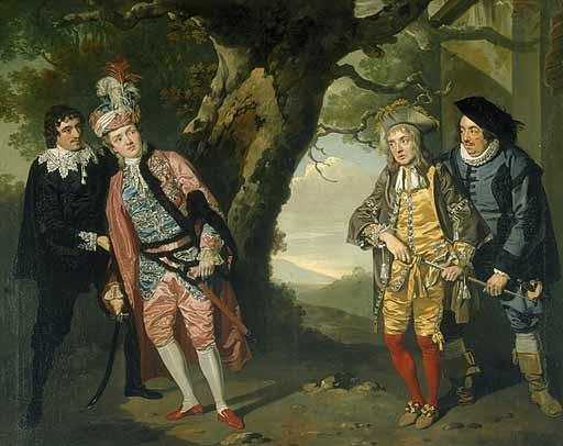 A scene from "Twelfth Night” by Francis Wheatley from “Shakespeare Illustrated.” Sir Andrew Aguecheek (second right) is encouraged by Sir Toby Belch (far right) to duel Viola/Cesario (second left). (Public Domain)