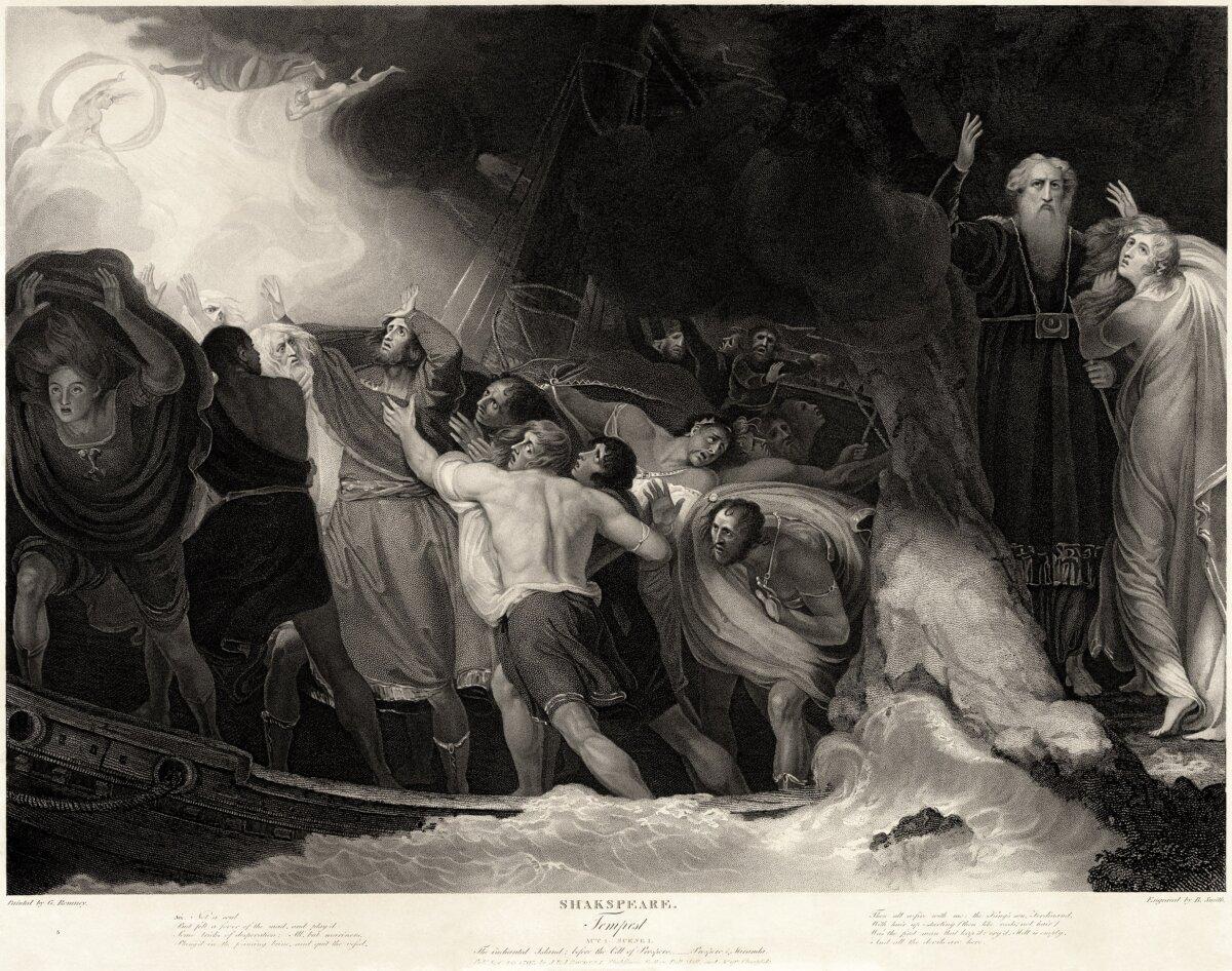 The shipwreck in “The Tempest,” 1797, by Benjamin Smith. An engraving after a painting by George Romney. Prospero (2nd right, a magician, orchestrated a shipwreck to set his plans in motion. (Public Domain)