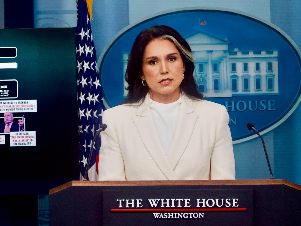Director of National Intelligence Tulsi Gabbard speaks to reporters during a briefing at the White House in Washington on July 23, 2025. (Travis Gillmore/The Epoch Times)