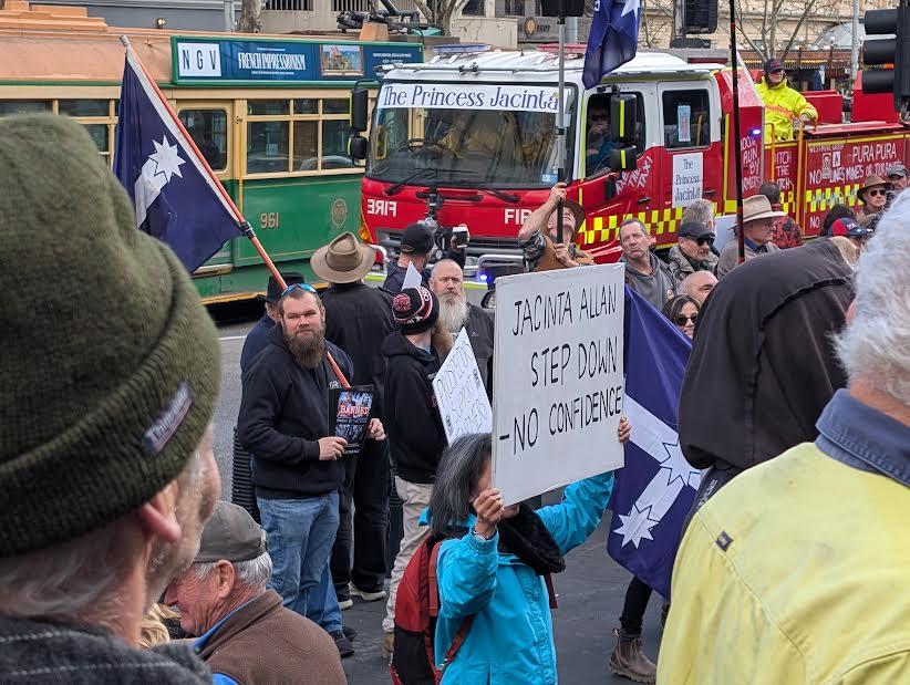 Farmers protest the National Electricity (Victoria) Amendment (VicGrid Stage 2 Reform) Bill at State Parliament in Melboure, Australia, on July 30, 2025. (Josh Spasaro/The Epoch Times)