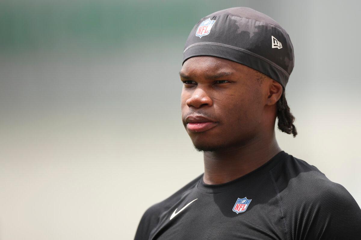 Travis Hunter of the Jacksonville Jaguars looks on during the Jacksonville Jaguars' Rookie Minicamp at Miller Electric Center in Jacksonville, Fla., on May 10, 2025. (James Gilbert/Getty Images)
