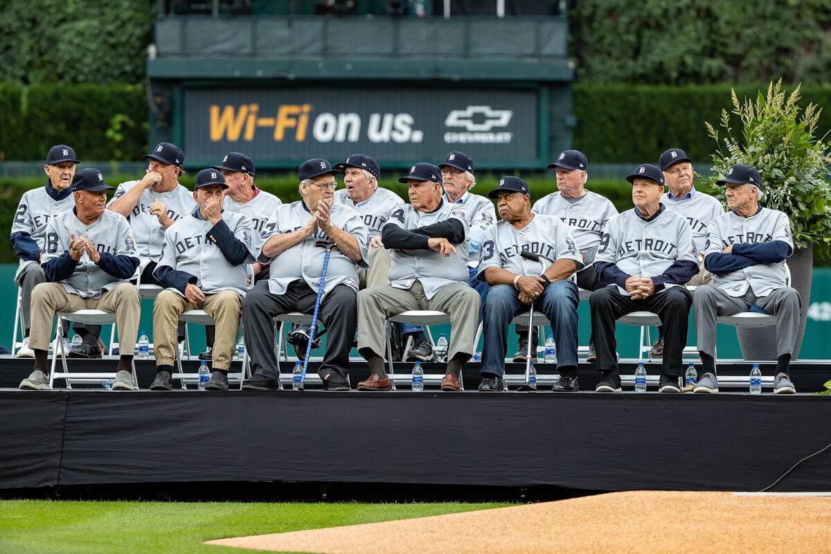 Members of the 1968 Detroit Tigers gather onstage in honor of their 50th anniversary before a game against the St. Louis Cardinals at Comerica Park in Detroit on Sept. 8, 2018. (Dave Reginek/Getty Images)
