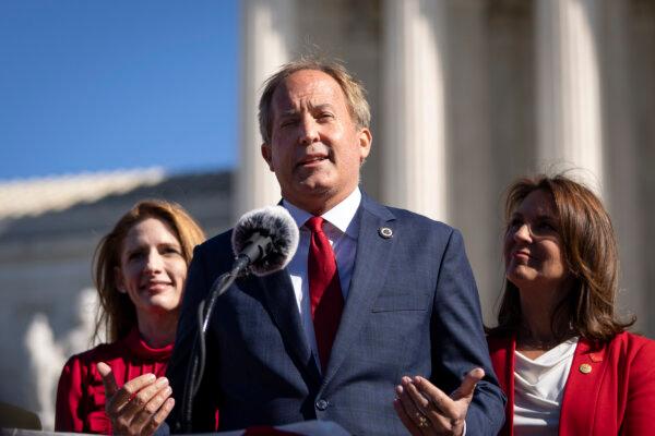 Texas Attorney General Ken Paxton speaks outside the U.S. Supreme Court in Washington on Nov. 1, 2021. (Drew Angerer/Getty Images)