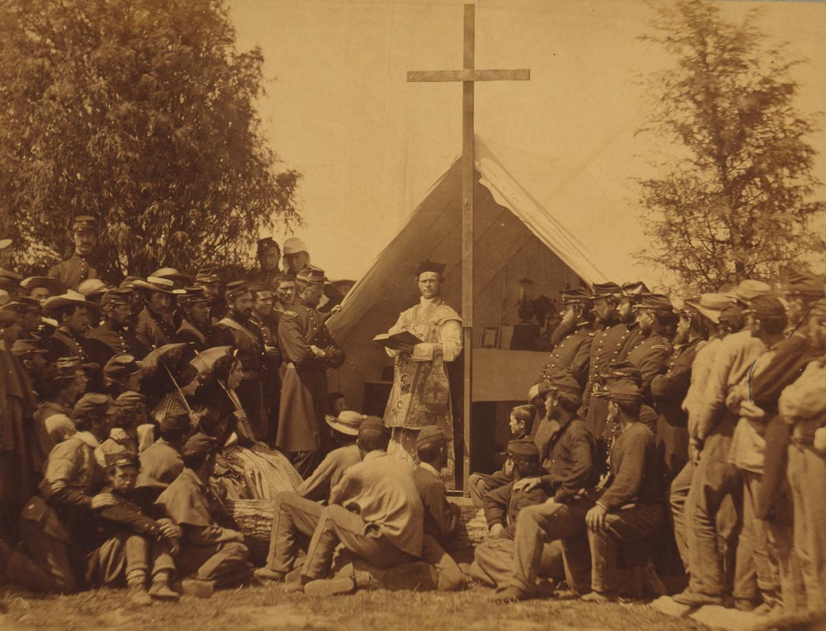The 69th Infantry Regiment of New York State Militia's Sunday morning mass with Chaplain Thomas H. Mooney at Fort Cocoran, Va. on June 1, 1861. Library of Congress. (Public Domain)