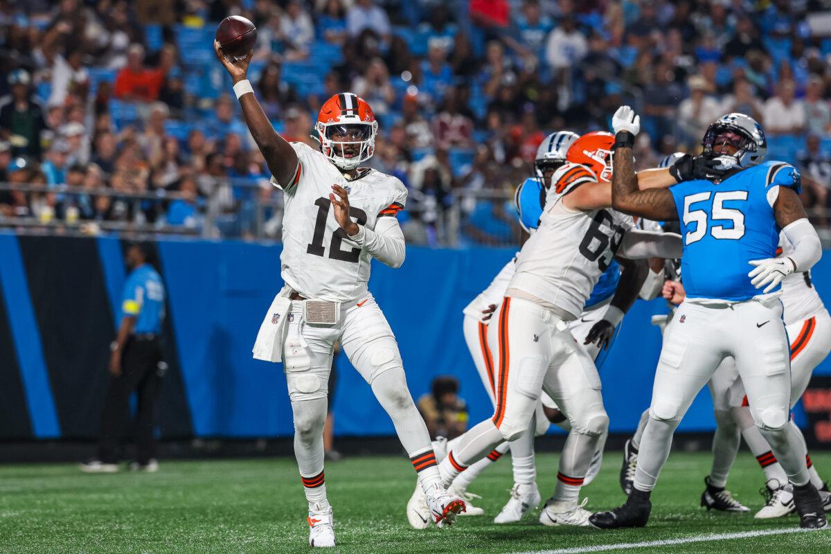 Shedeur Sanders (12) of the Cleveland Browns passes the ball during the second half of an NFL Preseason 2025 game against the Carolina Panthers at Bank of America Stadium in Charlotte, N.C., on Aug. 8, 2025. (David Jensen/Getty Images)
