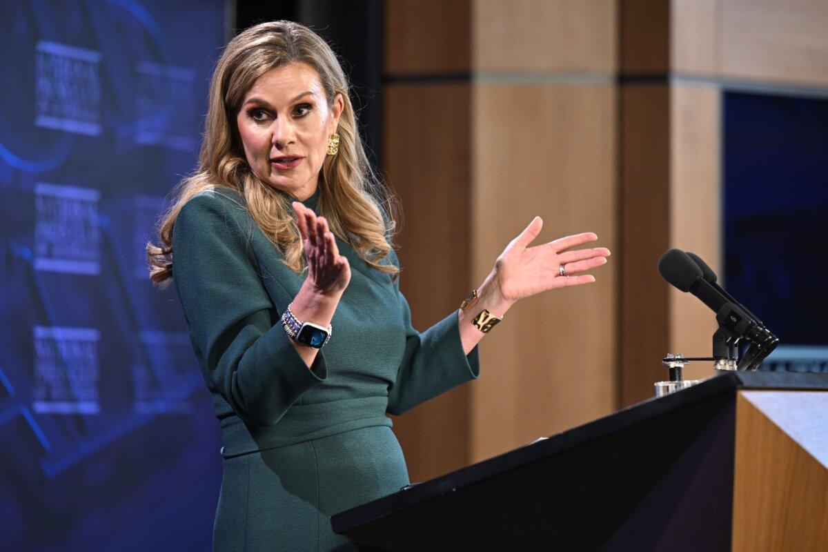 Australia’s eSafety Commissioner Julie Inman Grant addresses the National Press Club in Canberra, Australia, on June 24, 2025. (AAP Image/Lukas Coch)