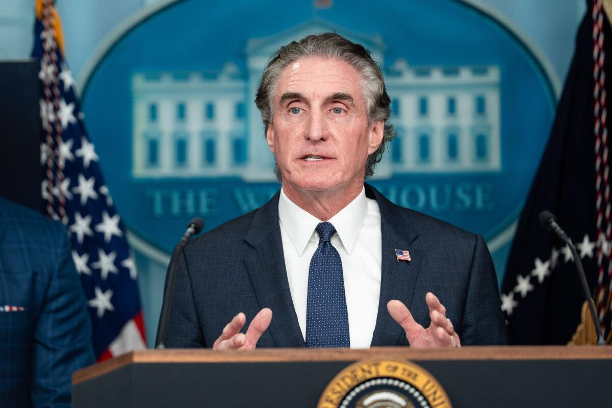 Secretary of the Interior Doug Burgum speaks during a press briefing at the White House in Washington on Aug. 11, 2025. (Madalina Kilroy/The Epoch Times)