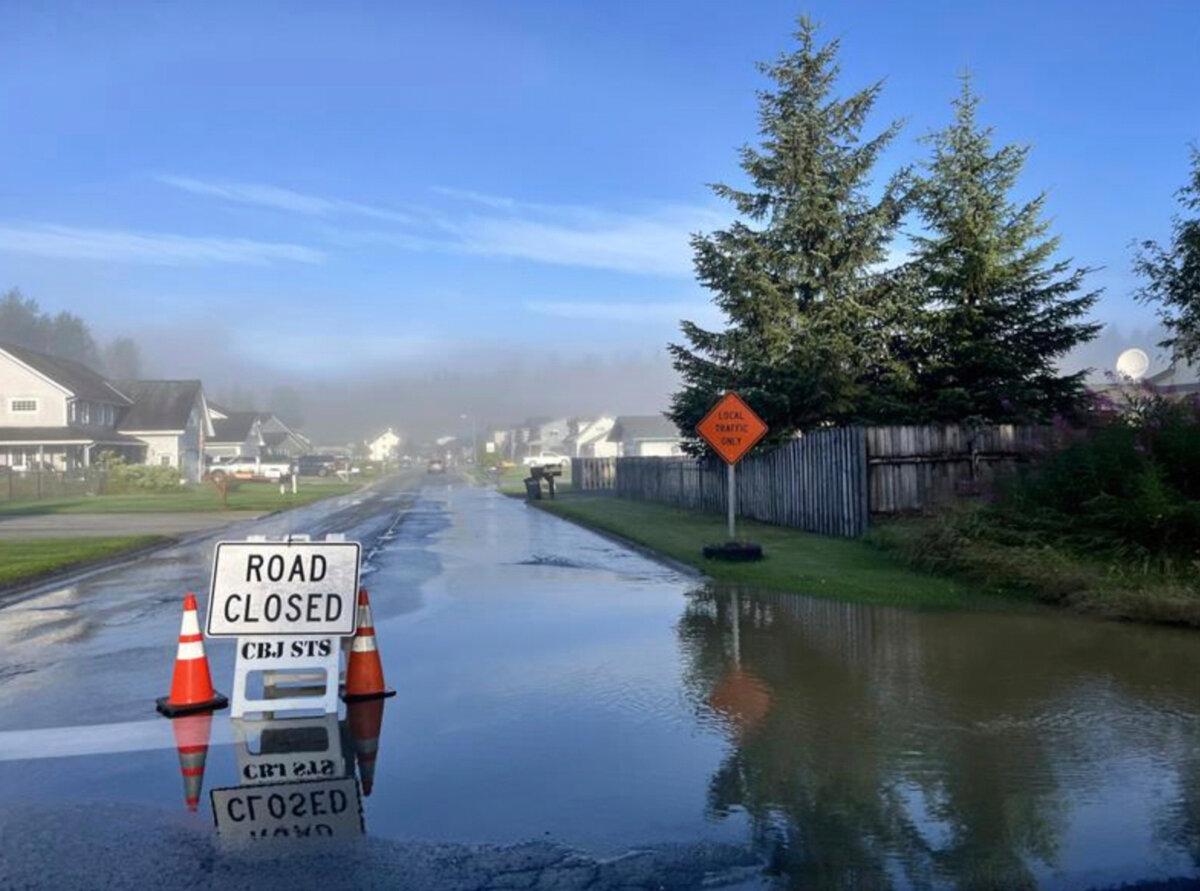 Flooding from a release of water and snowmelt at Mendenhall Glacier covered some roads and threatened homes along the Mendenhall River in Juneau, Alaska, on Aug. 13, 2025. (City and Borough of Juneau via AP)