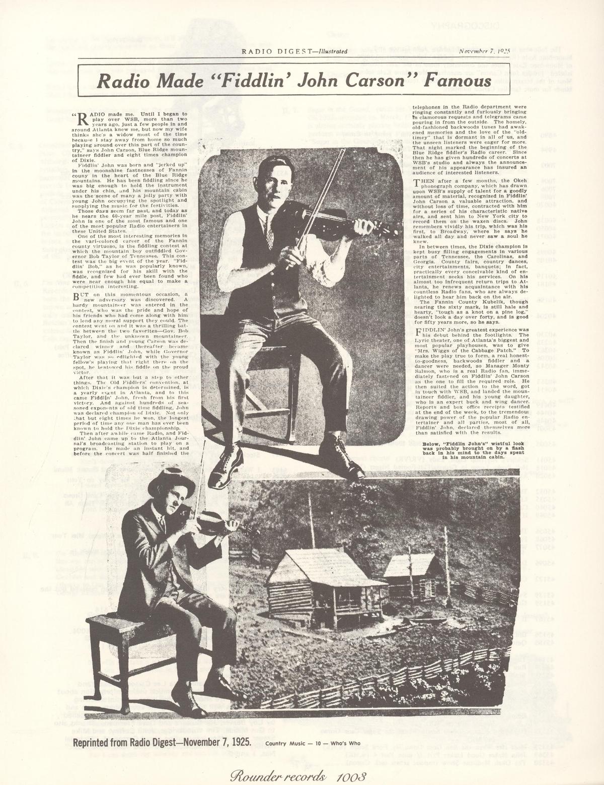 A Radio Digest ad from Nov. 7, 1925, featured in the album insert of Fiddlin' John Carson's record "The Old Hen Cackled And The Rooster's Gonna Crow." Internet Archive. (Public Domain)