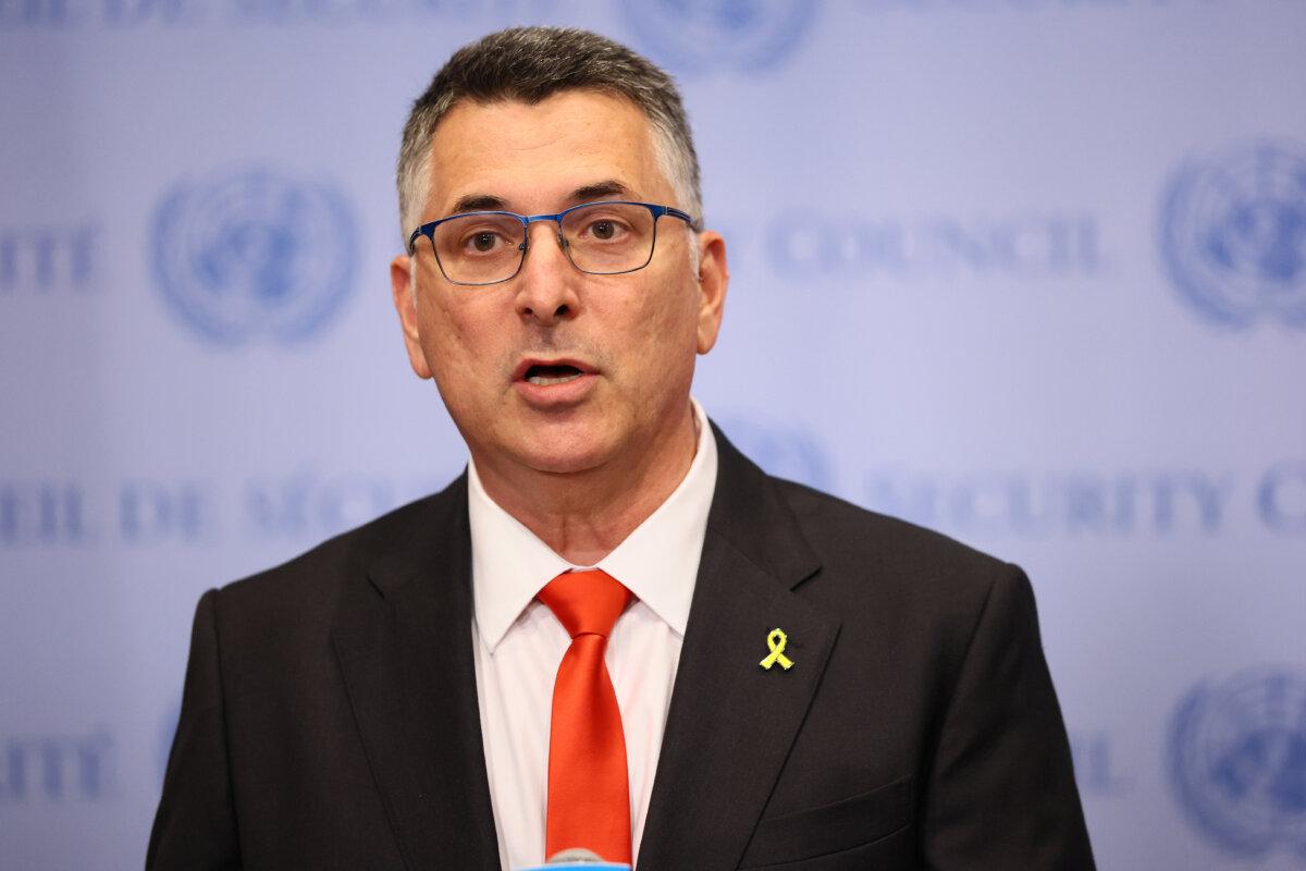 Gideon Sa'ar, Israel's minister of foreign affairs, speaks during a press conference at the U.N. headquarters in New York City on Aug. 5, 2025. (Michael M. Santiago/Getty Images)
