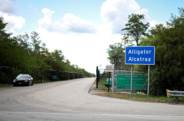 The entrance to the state-managed immigration detention center dubbed Alligator Alcatraz, located at the Dade-Collier Training and Transition Airport in the Florida Everglades in Ochopee, Fla., on Aug. 3, 2025. (Joe Raedle/Getty Images)
