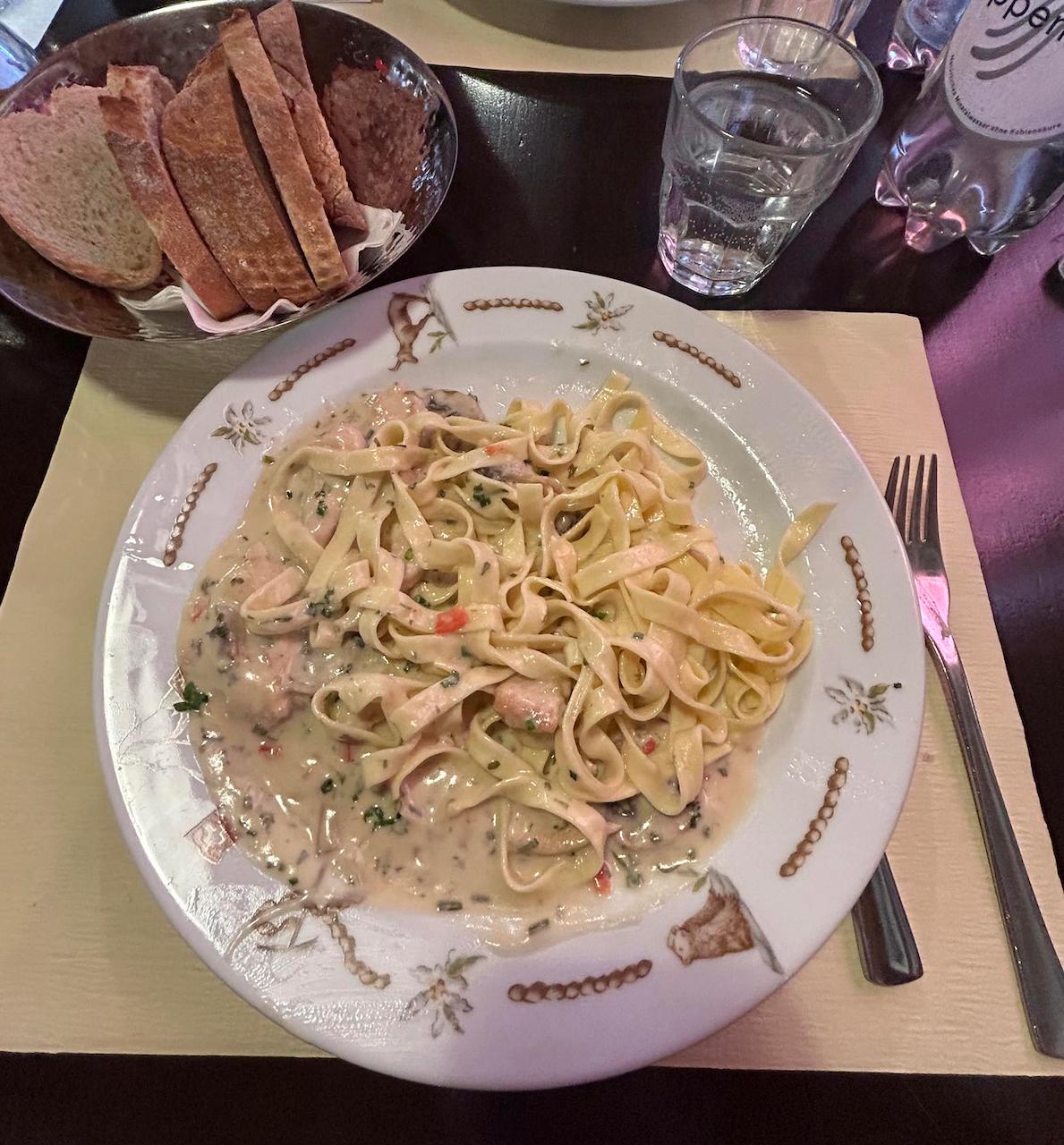 The Fluhalp's restaurant offers basics such as pasta dishes, but also fancier meals such as fondue or raclette. (Colleen Thomas/TNS)