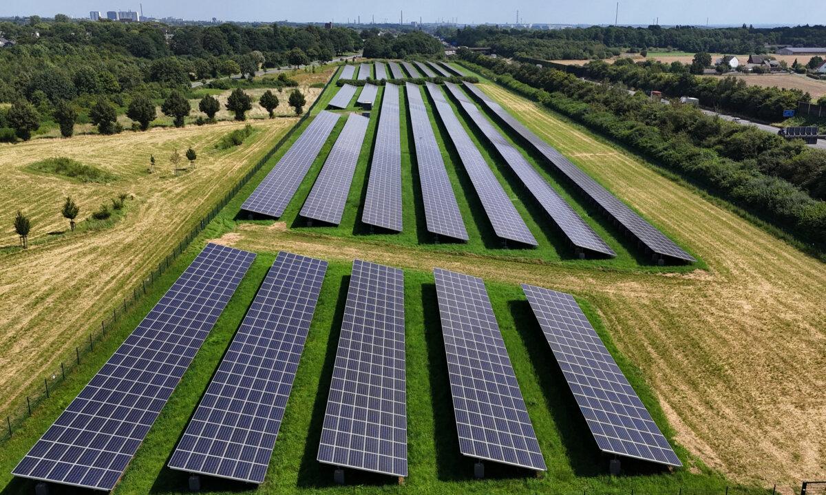Solar panels on a solar field in Moers, Germany on Aug. 5, 2024. (Ina Fassbender/AFP via Getty Images)