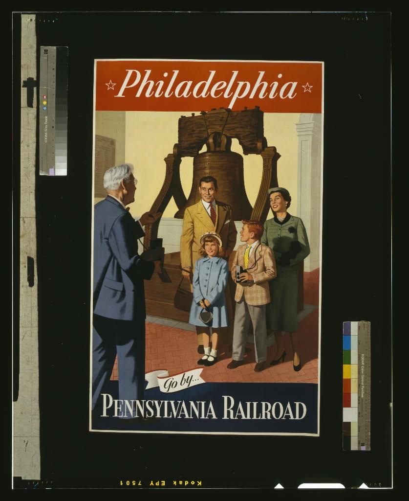 A poster for the Pennsylvania Railroad showing a tourist family in front of the Liberty Bell, being photographed by an older man. Library of Congress. (Public Domain)