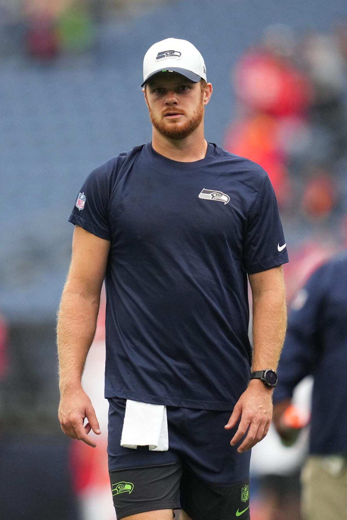 Sam Darnold #14 of the Seattle Seahawks looks on during warm-ups before the NFL Preseason 2025 game between the Kansas City Chiefs and the Seattle Seahawks at Lumen Field in Seattle, Wash., on Aug. 15, 2025. (Soobum Im/Getty Images)