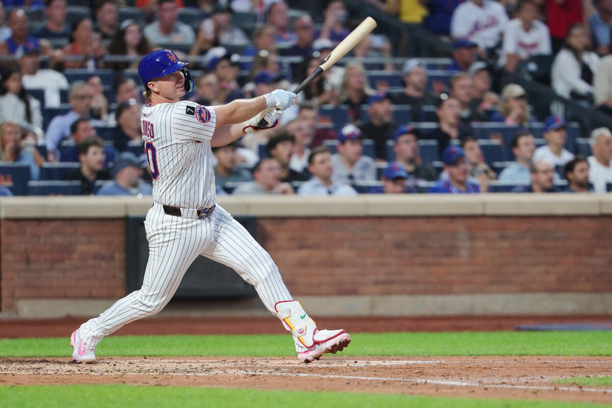 Pete Alonso of the New York Mets hits a two-run home run during the third inning at Citi Field in New York City on Aug. 12, 2025. (Dustin Satloff/Getty Images)