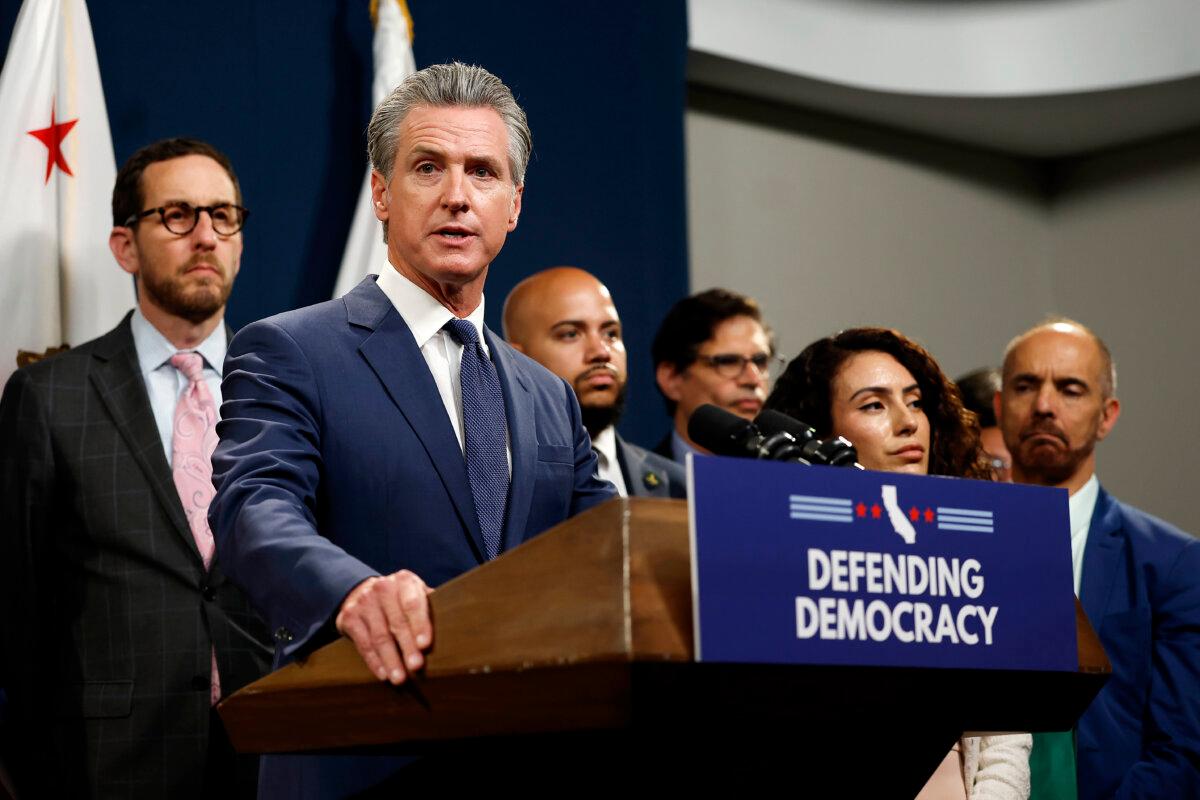 California Gov. Gavin Newsom at a bill signing event related to redrawing the state’s congressional maps in Sacramento, Calif., on Aug. 21, 2025. (Justin Sullivan/Getty Images)
