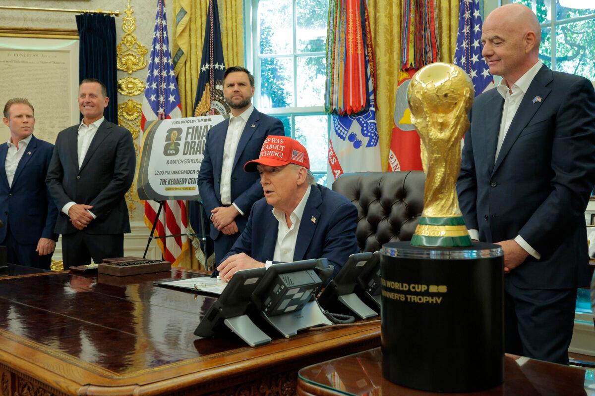 US Government Takes 10 Percent Stake in Intel 2 President Donald Trump speaks in the Oval Office while FIFA President Gianni Infantino (R), and Vice President JD Vance (3rd L) look on Aug. 22, 2025. (Chip Somodevilla/Getty Images)