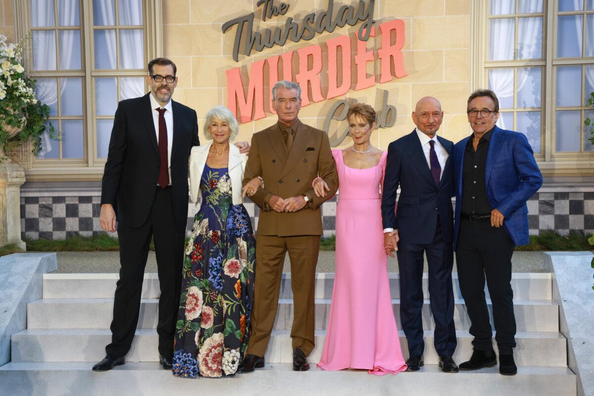 (L–R) Author Richard Osman, Dame Helen Mirren, Pierce Brosnan, Celia Imrie, Sir Ben Kingsley, and director Chris Columbus at the UK premiere of "The Thursday Murder Club" at Leicester Square Gardens on Aug, 21, 2025 in London. (Lia Toby/Getty Images)