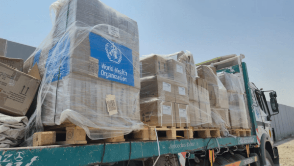 A truck laden with World Health Organisation (WHO) medical supplies drives along the "Philadelphia Corridor" in an attempt to pass an IDF checkpoint and deliver medical supplies to Gaza. (Courtesy of The Elders)
