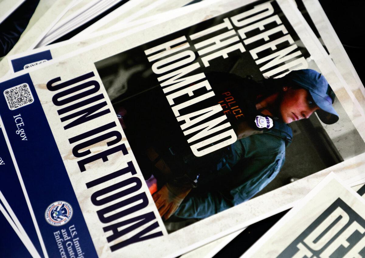 Promotional material as Immigration and Customs Enforcement holds a major hiring event on Aug. 26, 2025, in Arlington, Texas. (Ron Jenkins/Getty Images)