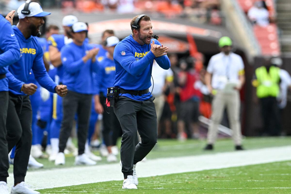 Head coach Sean McVay of the L.A. Rams celebrates during a preseason game against the Browns at Huntington Bank Field in Cleveland on Aug. 23, 2025. (Nick Cammett/Getty Images)
