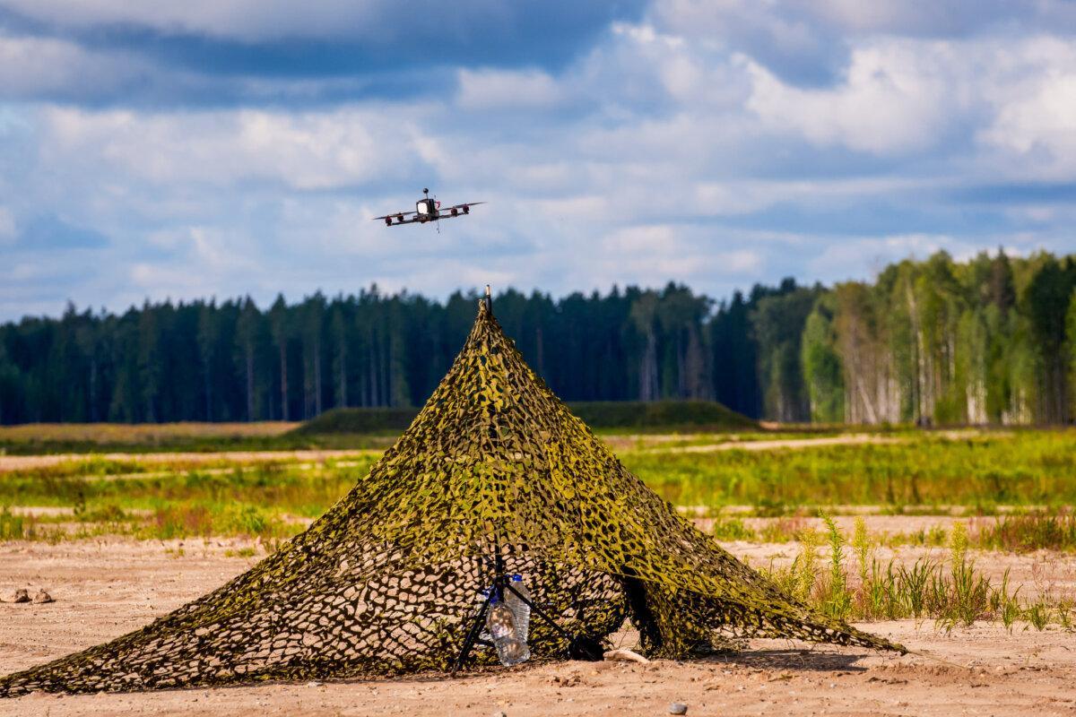 A drone flies over a target during the international military anti-drone exercise Baltic Trust 25 (BATT25) at the Selonia (Selija) military training ground near Viesite, <span class="ZNx93QP1XNrBdT5MI6SY"><span class="expandableItem">Latvia</span></span>, on August 27, 2025. (Gints Ivuskans/AFP via Getty Images)