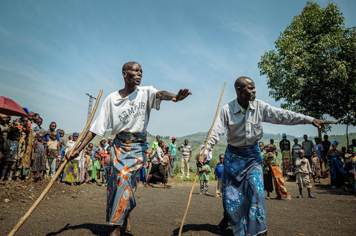 Congolese returnees from Kimoka perform traditional dances ahead of a visit by United Nations High Commissioner for Refugees Filippo Grandi to a camp in Sake, eastern Democratic Republic of Congo, on Aug. 29, 2025. (Jospin Mwisha/AFP via Getty Images)