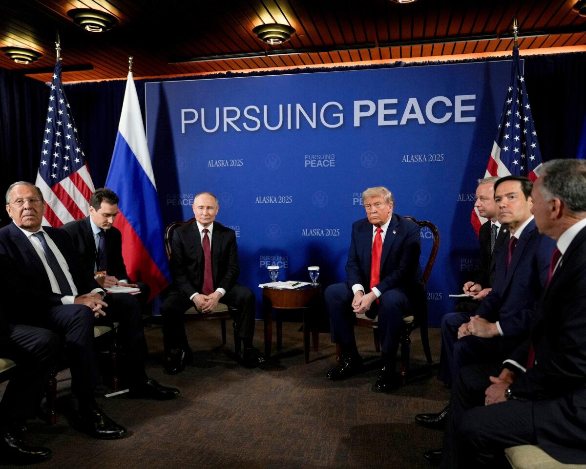 President Donald Trump meets with Russian President Vladimir Putin at Joint Base Elmendorf–Richardson, Alaska, on Aug. 15, 2025. (Julia Demaree Nikhinson/AP Photo)