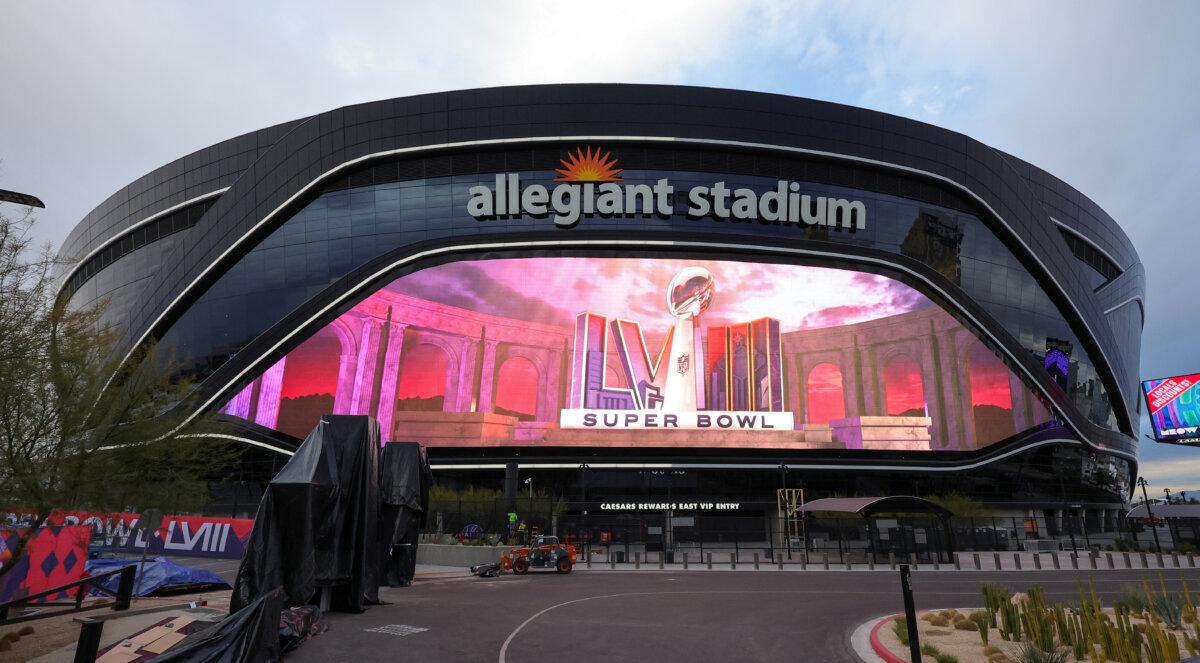The marquee video screen displays a logo for Super Bowl LVIII at Allegiant Stadium in Las Vegas on Feb. 1, 2024. (Ethan Miller/Getty Images)