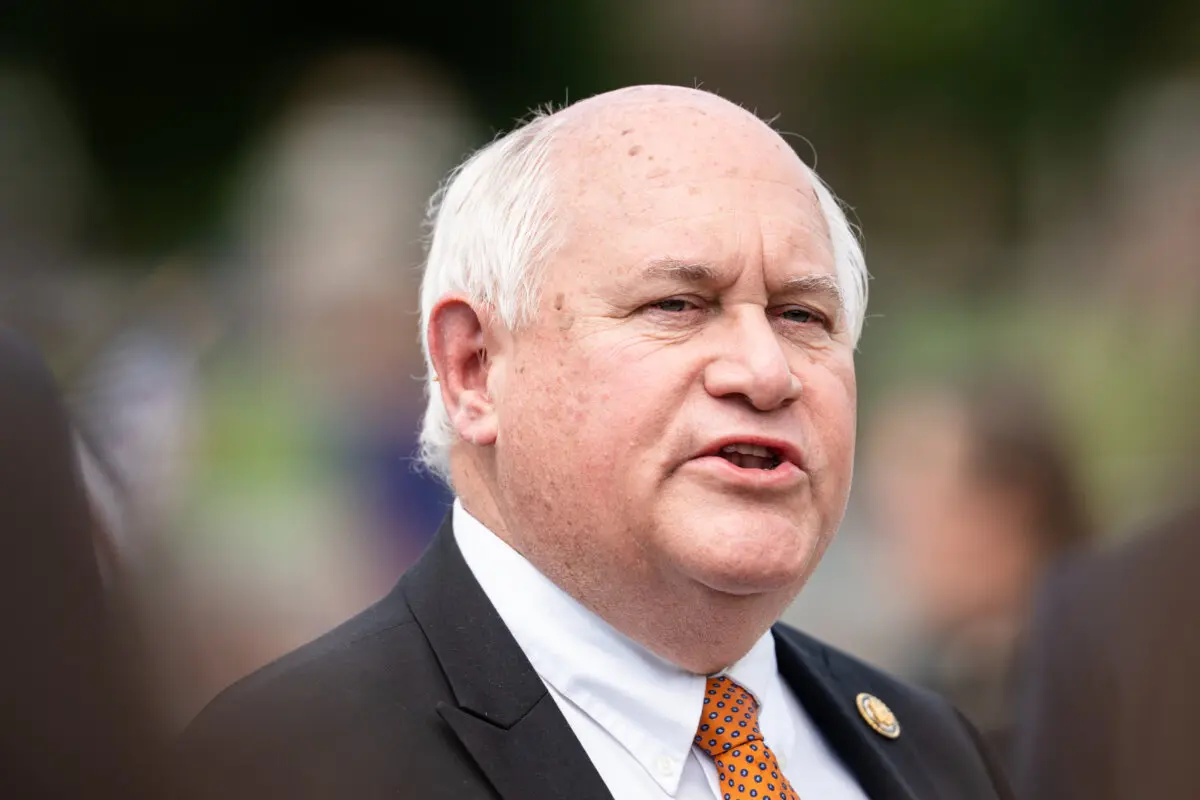 Rep. Ron Estes (R-Kan.) speaks at the House Triangle on Capitol Hill in Washington on Sept. 2, 2025. (Madalina Kilroy/The Epoch Times)