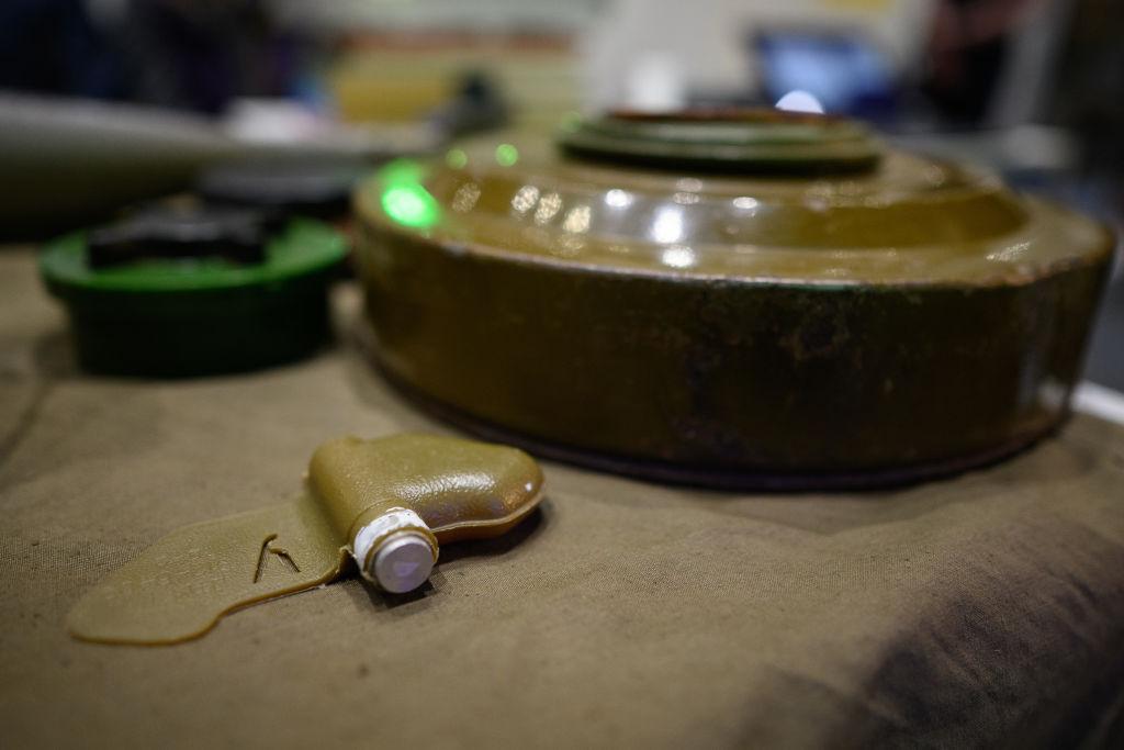 A dummy PFM-1 butterfly mine is seen during a lesson on recognising munitions and explosives in Lviv, Ukraine, on May 05, 2022. (Leon Neal/Getty Images)