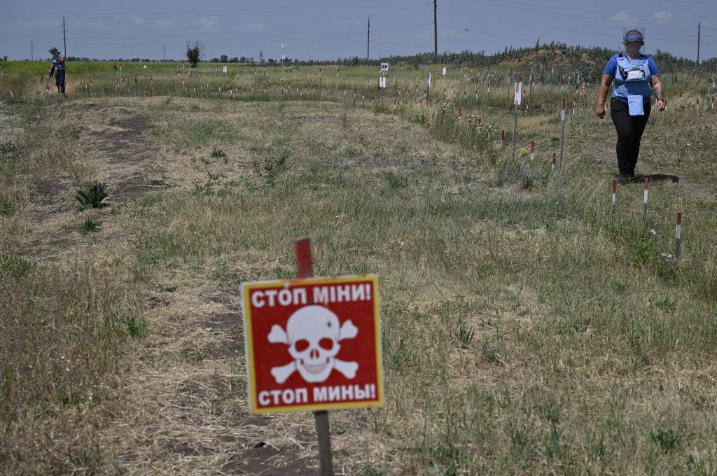 A deminer with the HALO Trust NGO, wakes alongside a field that has been mined in Mykolaiv, Ukraine, on June 4, 2024. (Genya Savilov/AFP via Getty Images)