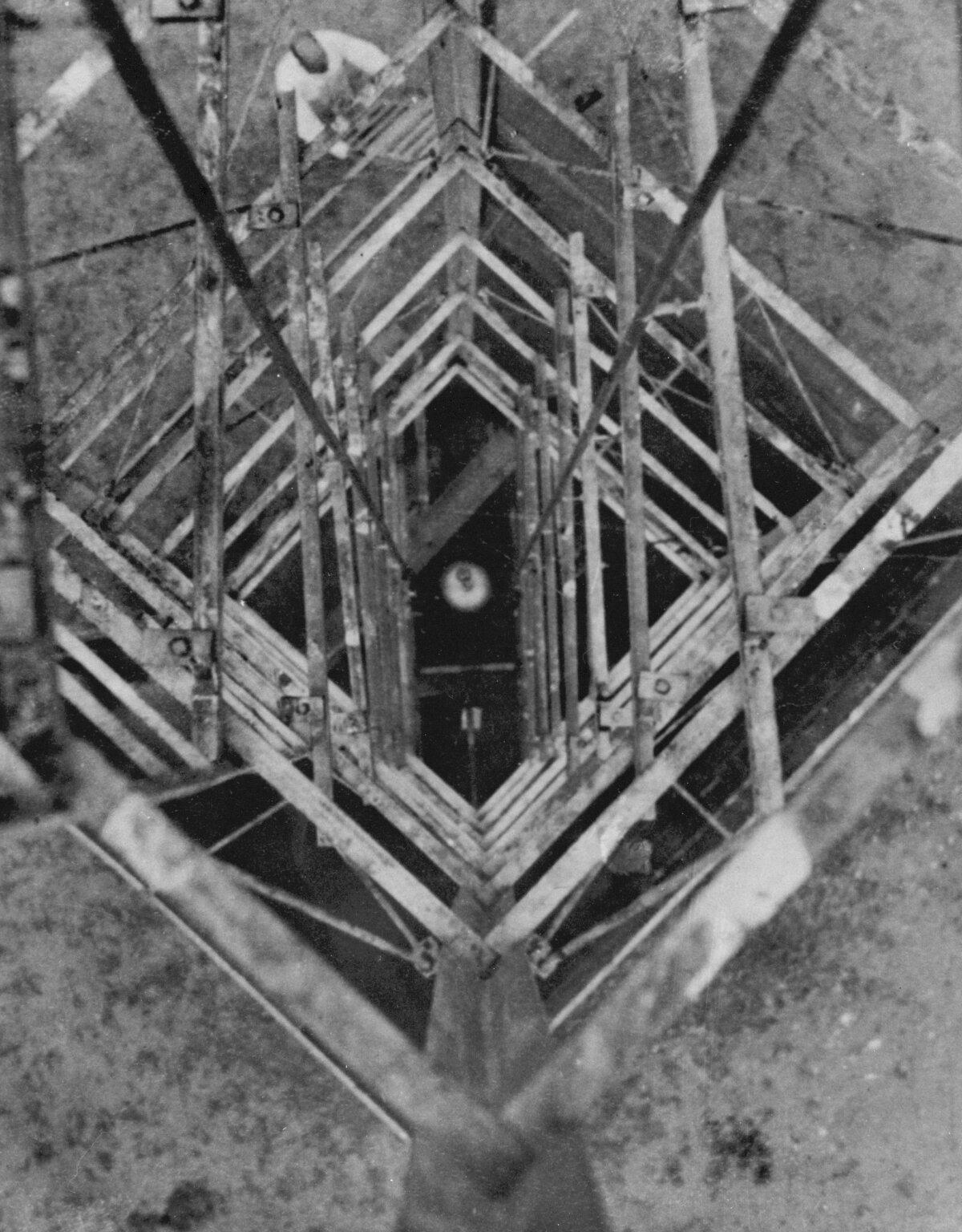 Charles Lindbergh took this picture of Robert H. Goddard's rocket, when he peered down the launching tower on Sept. 23, 1935, in Roswell, N.M. (Public Domain)