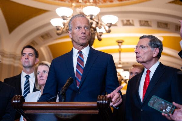 Majority Leader Sen. John Thune (R-S.D.) speaks to reporters at a press conference on Capitol Hill in Washington on Sept. 3, 2025. (Madalina Kilroy/The Epoch Times)