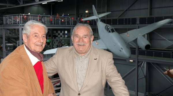 Walter Schuck (L) and Peterburs pose in front of a detailed Me-262 replica at the Technik Museum Speyer in Speyer, Germany, in 2008. (Courtesy of Joseph Peterburs)