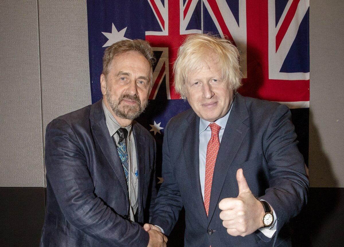 Environmental scientist Allen Dobrovolsky with former UK Prime Minister Boris Johnson in Sydney, Australia. (Courtesy of Allen Dobrovolsky)