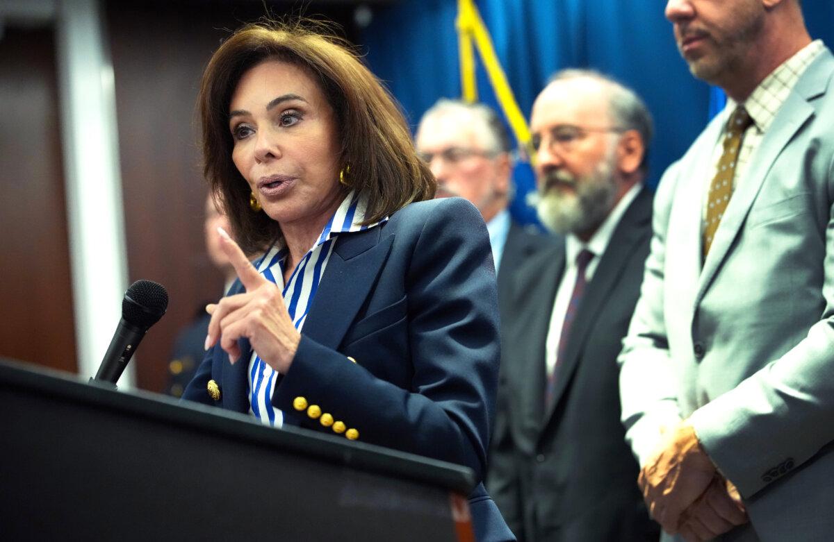 U.S. Attorney Jeanine Pirro speaks at a press conference announcing arrests in the murder of Congressional intern Eric Tarpinian-Jachym, at the U.S. Attorney's Office in Washington on Sept. 5, 2025. (Kevin Dietsch/Getty Images)