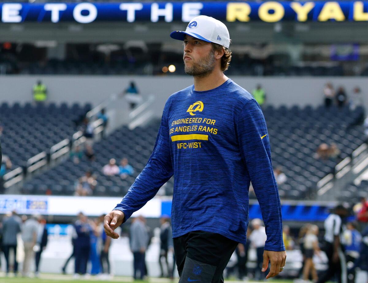 Matthew Stafford #9 of the Los Angeles Rams before the NFL Preseason 2025 game between Dallas Cowboys and Los Angeles Rams at SoFi Stadium in Inglewood, Calif., on Aug. 9, 2025. (Harry How/Getty Images)