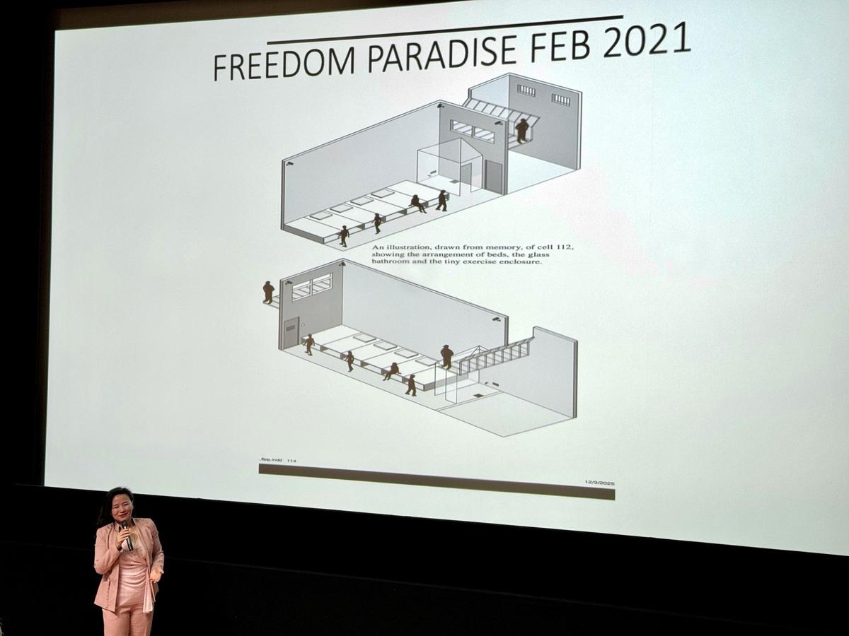 Former political prisoner of the CCP, journalist Cheng Lei, showing a diagram of her prison cell during her 1,000 day detention by Beijing, at the Gallery of Modern Art in Brisbane, Australia on Sept. 4, 2025. (Daniel Y. Teng/The Epoch Times)