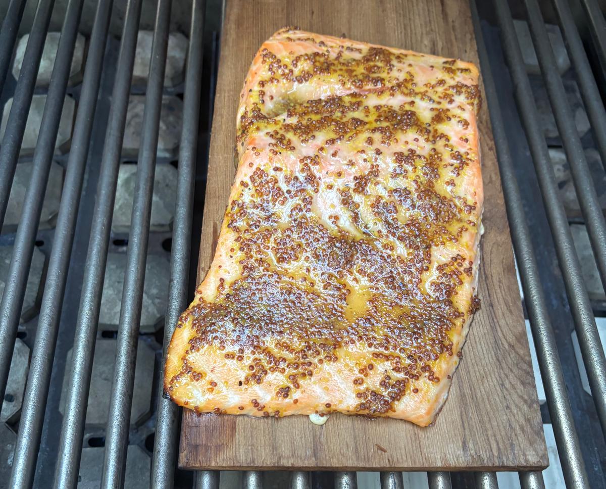 A Simple Maple Mustard Glaze Jazzes up Cedar-Planked Barbecued Salmon